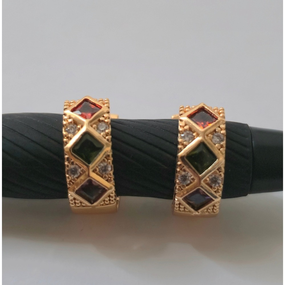 Gold Plated Multi Color Gemstone Huggie Hoop Earrings 16mm Lattice Design
